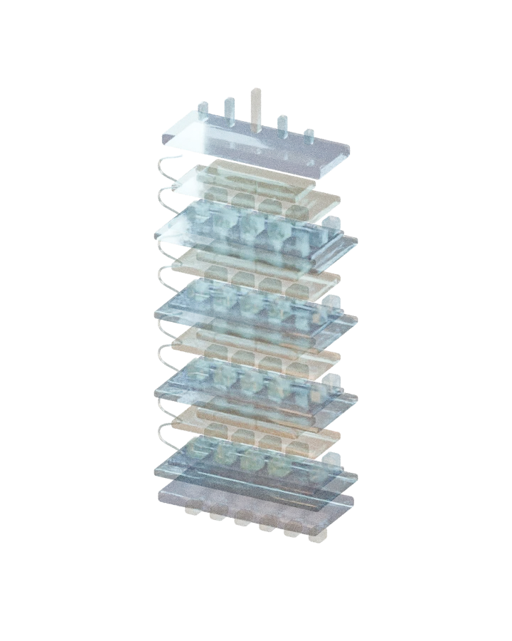 A token moves through attention and feed-forward layers. Four blocks shown to make the structure readable.
